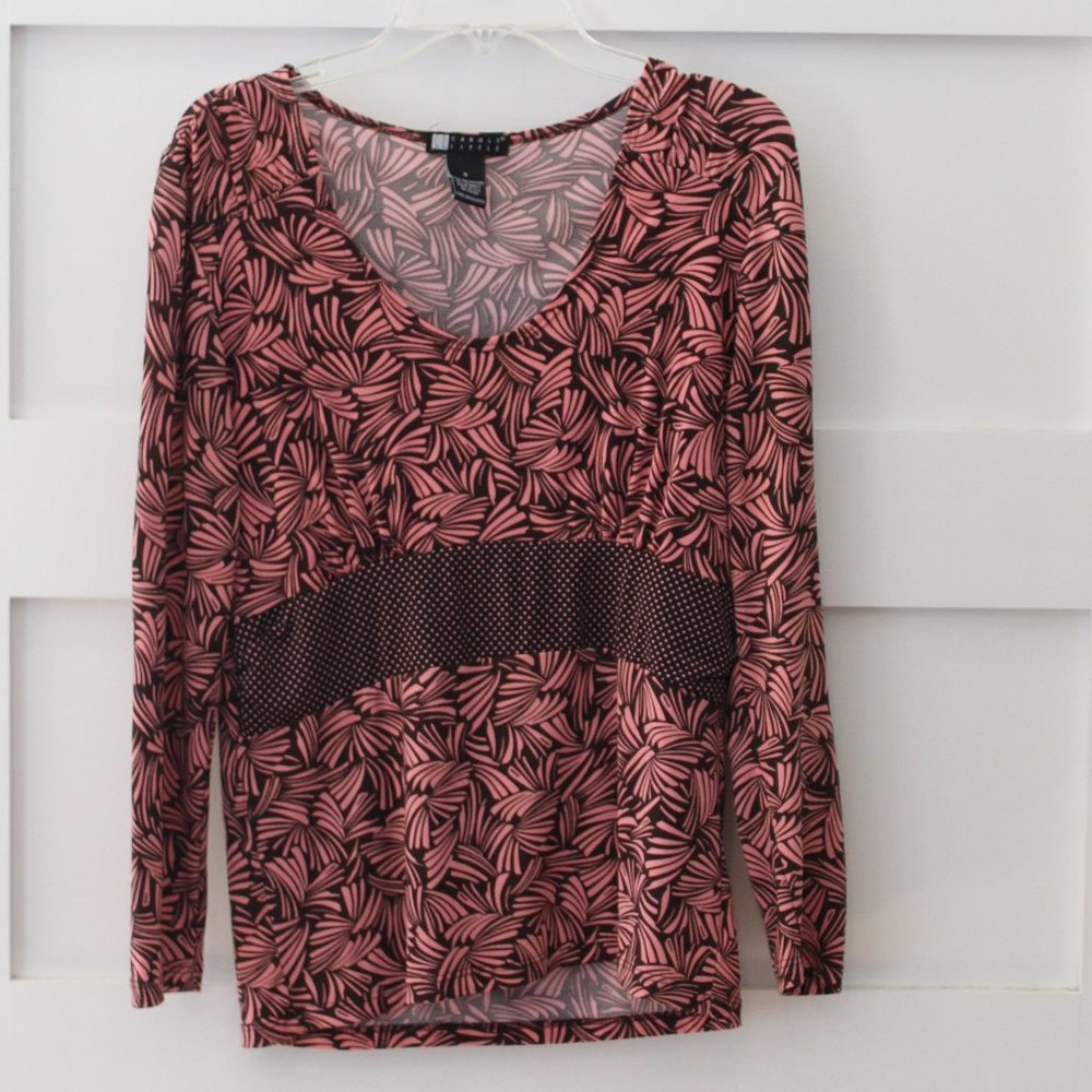 Carole Little Women's Jersey Knit Top w Peplum Hem - Pink and Brown Womens Small